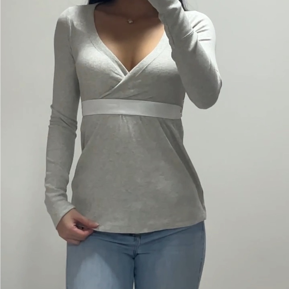 Hollister grey long sleeve wrap top with white satin bow
